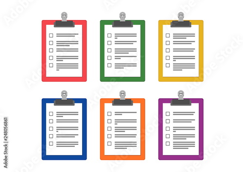 Six writing pad paper clip boards green, red, blue orange, violet and yellow color with blanks of questionnaire or checklist