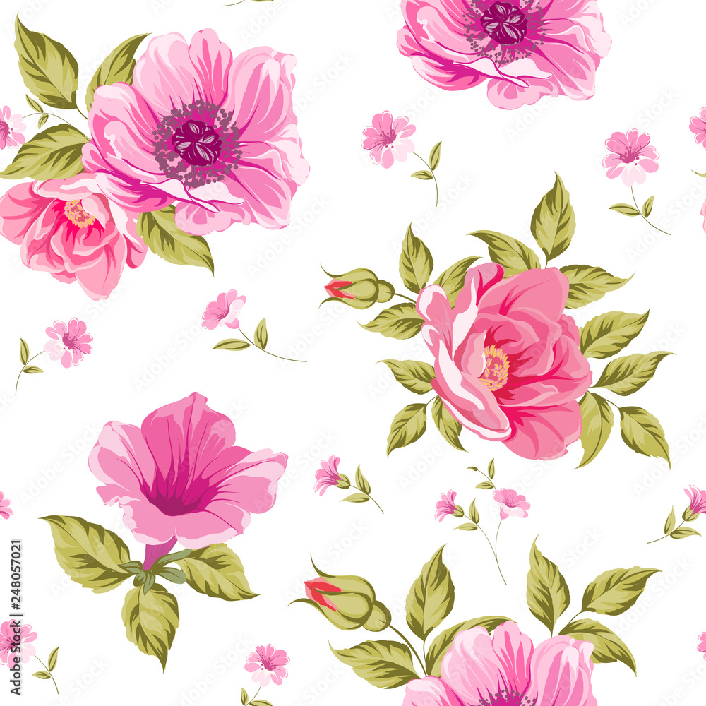 Seamless pattern of flower heads isolated on white background. Vector illustration.