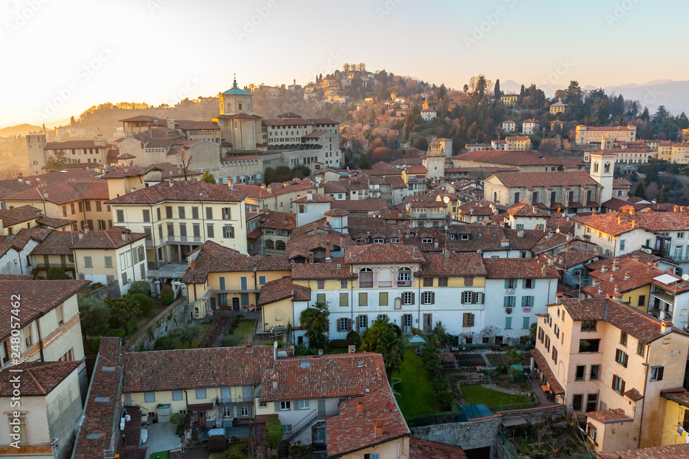 Beautiful view of the old medieval city Citta Alta, Bergamo, One of the beautiful city in Italy, landscape on the city center and the historical buildings during the sunset