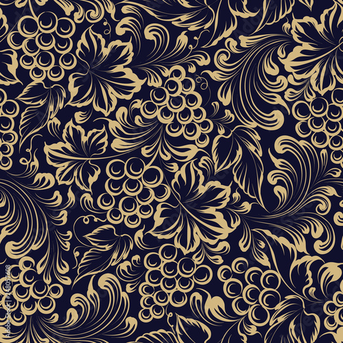 Vine seamless pattern for package design. Old style golden background with grape berries and leaves. Vector illustration.
