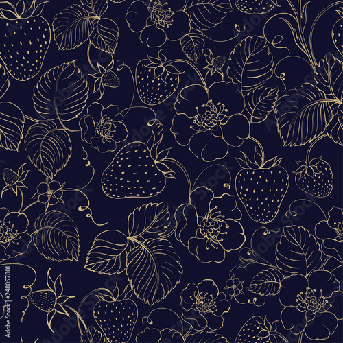 Seamless pattern of golden strawberry on dark background. Vector illustration.