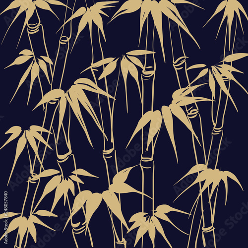 Bamboo with leaves seamless pattern. The dark Tropical background. Vector illustration.