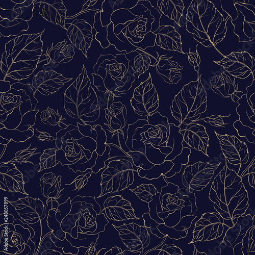 Beautiful seamless pattern of roses. Vector floral illustration in vintage style.