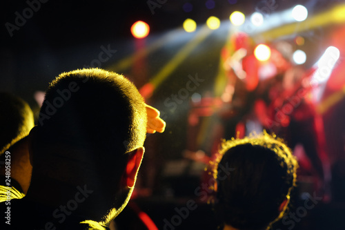 The fans of some music bands listening music under the shiny lights of the concert.	 photo