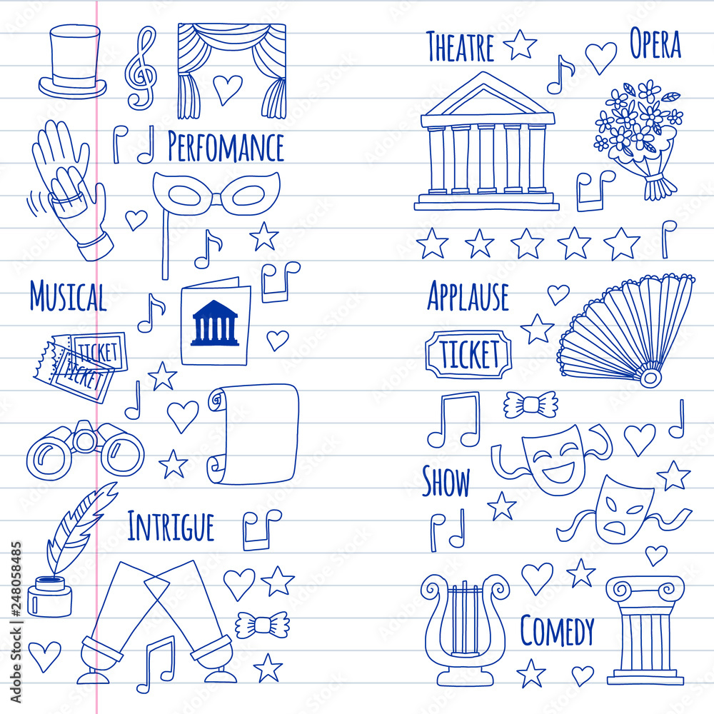Vector set with theatre icons. Entertainment, show, musical perfomance