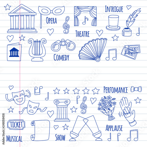 Vector set with theatre icons. Entertainment, show, musical perfomance