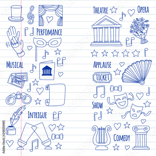 Vector set with theatre icons. Entertainment, show, musical perfomance