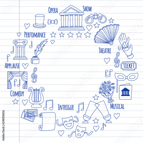 Vector set with theatre icons. Entertainment, show, musical perfomance