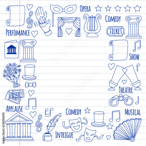 Vector set with theatre icons. Entertainment, show, musical perfomance