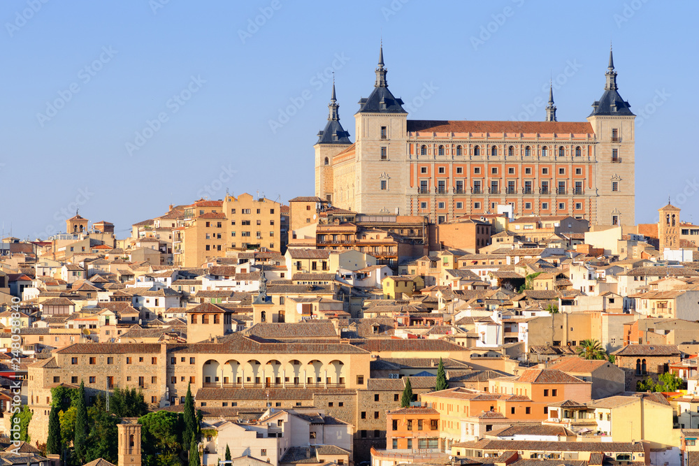 Toledo cityscape with Alcazar fortification on the top of the hill, Castile-La Mancha, Spain
