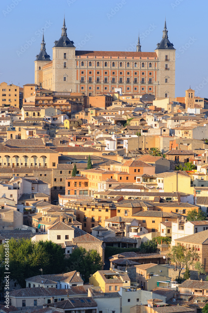 Toledo cityscape with Alcazar fortification on the top of the hill, Castile-La Mancha, Spain