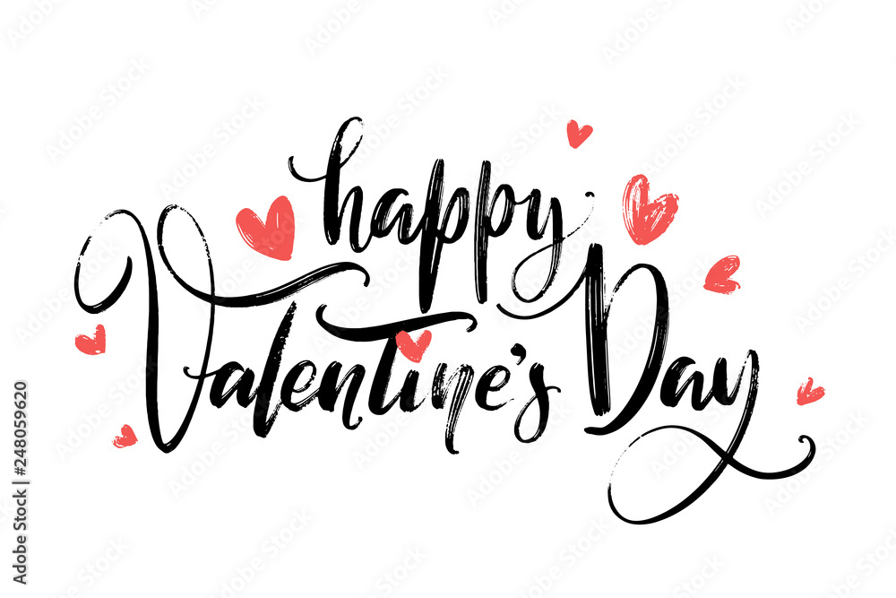 Valentines Day creative artistic hand drawn card. Vector illustration. Love, romantic template. Happy Valentine's day words by hand with red heart shapes around.