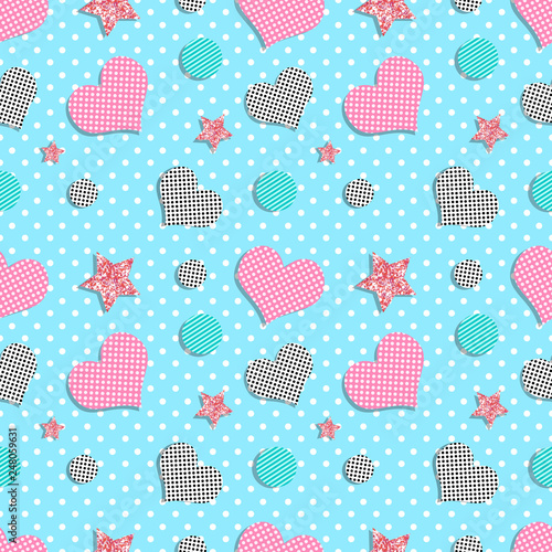 Memphis style seamless pattern with hearts and glitter stars. Cute endless background, template for card, banner, clothes, wrap. Vector illustration.