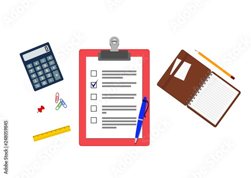 Office stationery items open spiral notebook, clipboard with checklist, pen and pencil, ruler, calculator