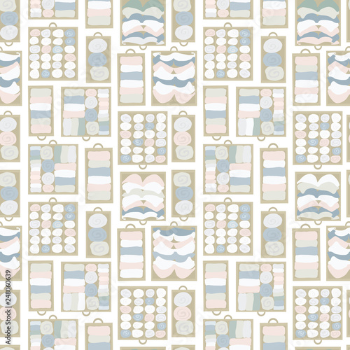 Drawer organization seamless vector background. Closet organization illustration. Tidy up pattern. Declutter and tidying up concept. Different drawers with folded clothes. Bras, socks, shirts.