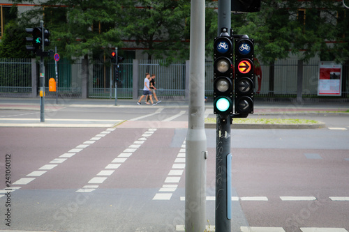 the traffic lights for bicycles in Amsterdam, Netherlands.