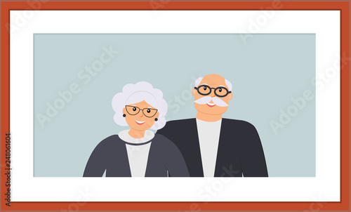 Happy family seniors portrait: cute smiling elderly man and woman on the light blue background in the wooden brown frame. Retired elderly couple in love.Vector flat illustration