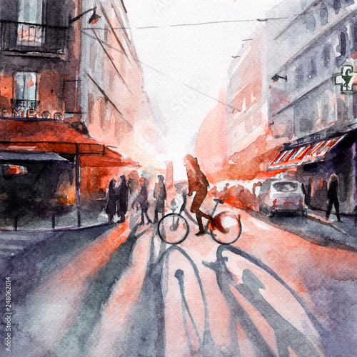 dawn in the city. cyclist. watercolor
