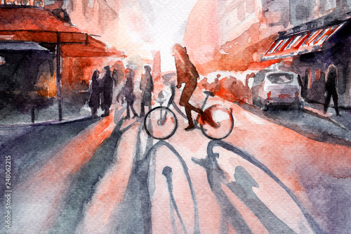 dawn in the city. cyclist. watercolor