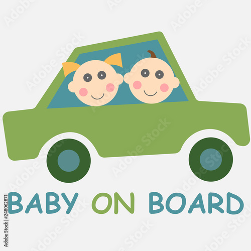 Baby on board sign with two children girl and boy in a car