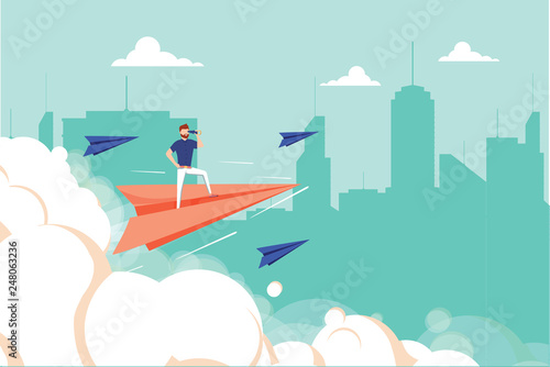 Concept graphic design of businessman on airplane looking in future with spyglass against cityscape. Business unique