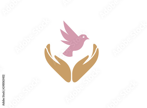 Dove bird between hands care human health and nature for logo design