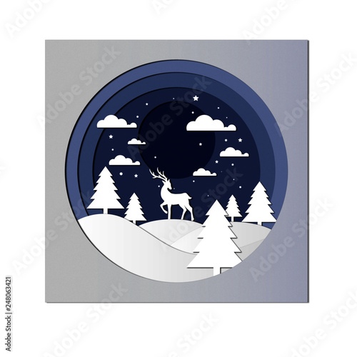 Paisaje de invierno con reno y pinos, cielo azul por la noche nubes y estrellas con efecto de papel. Navidad. 