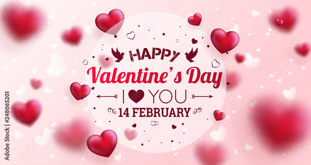 Text for Happy Valentine's Day greeting card. Cute love banner for 14 February. Holiday background with 3d hearts, light Text for Happy Valentine's Day greeting card. Cute love banner for 14 February. Holiday background with 3d hearts, light