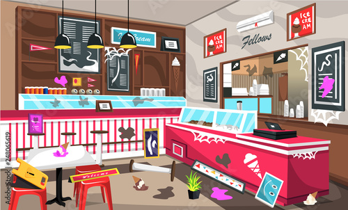 Dirty Ice Cream Cafe With Colorful Decoration  Ceiling Lamps  Storefront  Cashier Machine  Air Conditioner For Vector Illustration Interior Ideas