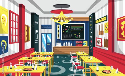 Clean Pizza Cafe With Modern Furniture, Yellow Table, Red Chair, Wall Picture, Cashir Machine, Classic Lamp For Vector Illustration Interior Ideas