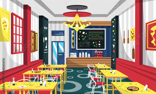 Pizza Cafe With Modern Furniture, Yellow Table, Red Chair, Wall Picture, Cashir Machine, Classic Lamp For Vector Illustration Interior Ideas