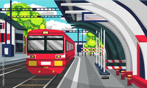 Train Commuter Line Railway Station With Brush And Trash Can, Floor Sign, Train Platform And Sign For Vector Illustration Ideas