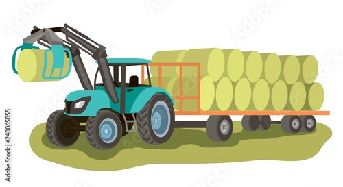 tractor with loader and bales of hay on the cart