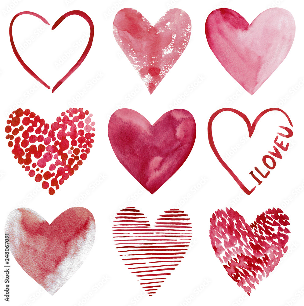Love cliapart, nine hand-drawn watercolor hearts isolated on white background.