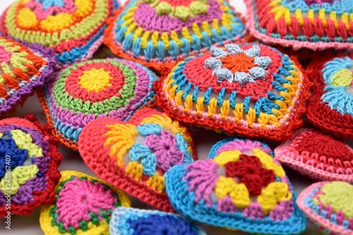Knitted hearts close up. Valentine's Day, background, handmade. © Oxana