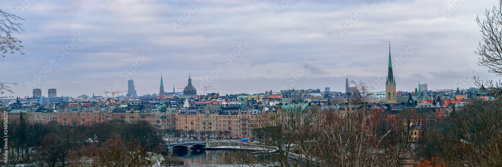 Panorama of the Strandvagen Street on Ostermalm district seen from Djurgarden island across the water in Stockholm.