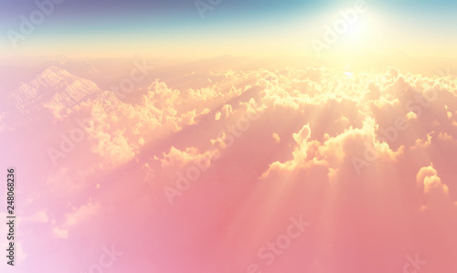 Dramatic light rays at Norway high altitude mountains 3d rendering background