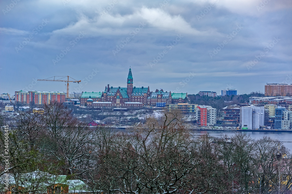 Winter rooftop view of Stockholm waterfront from the Skansen museum.