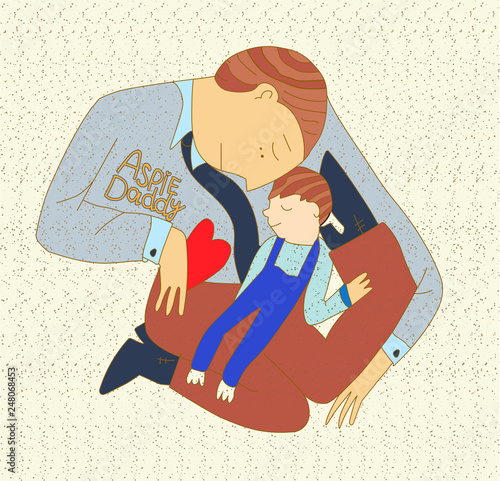 father holds a child on his hands. against the background of puzzles, symbols of autism. vector illustration.