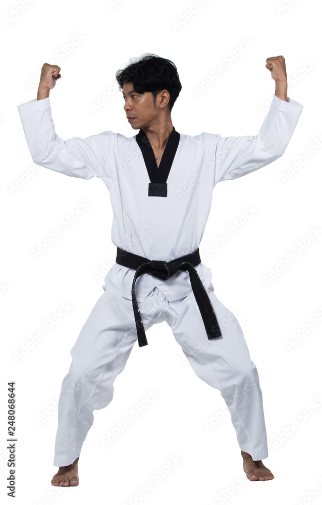 Master Black Belt TaeKwonDo handsome man instructor Teacher fighter show  hit pose, studio lighting white background isolated. White formal fighting  suit, motion blur hand foots on taekwondo post. Stock Photo | Adobe