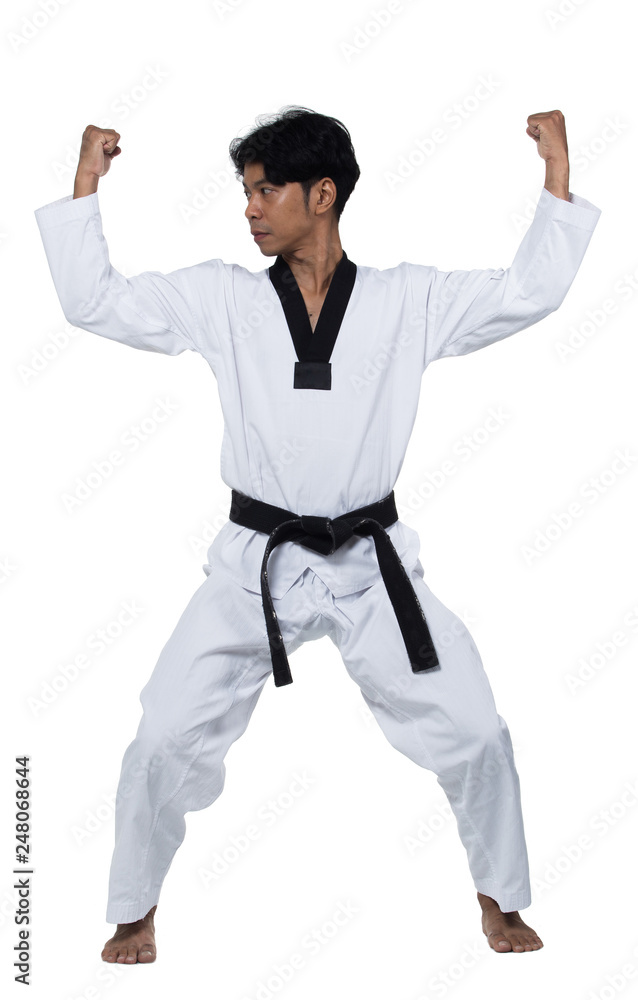 Master Black Belt TaeKwonDo handsome man instructor Teacher fighter show hit pose, studio lighting white background isolated. White formal fighting suit, motion blur hand foots on taekwondo post. Master Black Belt TaeKwonDo handsome man instructor Teacher fighter show hit pose, studio lighting white background isolated. White formal fighting suit, motion blur hand foots on taekwondo post.
