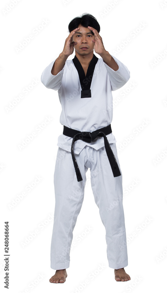 Master Black Belt TaeKwonDo handsome man instructor Teacher fighter show hit pose, studio lighting white background isolated. White formal fighting suit, motion blur hand foots on taekwondo post. Master Black Belt TaeKwonDo handsome man instructor Teacher fighter show hit pose, studio lighting white background isolated. White formal fighting suit, motion blur hand foots on taekwondo post.
