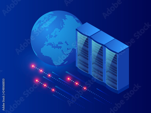 Isometric modern Server Room, Cybersecurity Infrastructure, Big Data storage and Cloud Computing technology concept.