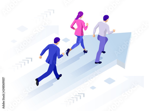 Isometric Business Success Concept. Entrepreneur business man leader. Businessman and his business team crossing finish line.