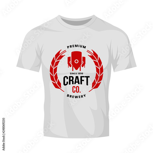 Modern craft beer drink vector logo sign for bar, pub, store, brewhouse or brewery isolated on white t-shirt mock up. Premium quality logotype emblem illustration. Brewing fest fashion badge design.