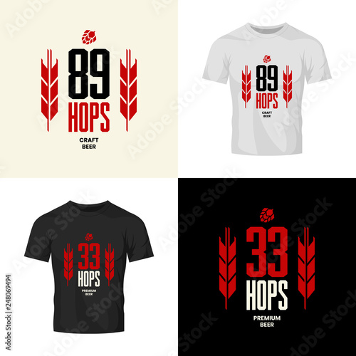 Modern craft beer drink vector logo sign for bar, pub, store, brewhouse or brewery isolated on t-shirt mock up. Premium quality emblem logotype illustration set. Brewing fest badge design bundle.