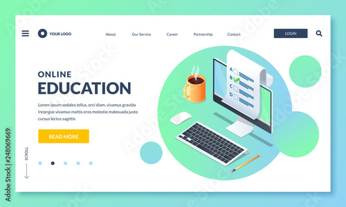 Online education and study. Landing page or banner design template. Vector 3d isometric illustration.