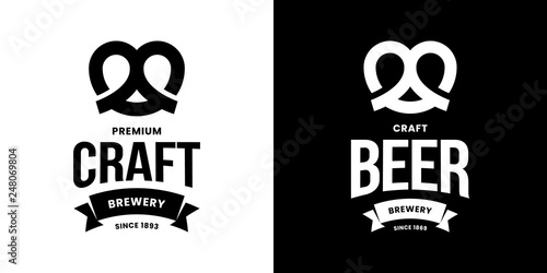 Modern craft beer drink isolated vector logo sign for bar, pub, store, brewhouse or brewery. Premium quality pretzel logotype emblem illustration set. Brewing fest fashion t-shirt badge design bundle.