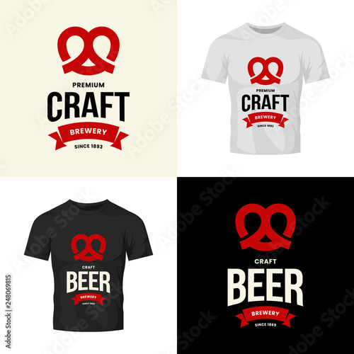 Modern craft beer drink vector logo sign for bar, pub, store, brewhouse or brewery isolated on t-shirt mock up. Premium quality pretzel logotype illustration set. Brewing fest fashion badge design bun