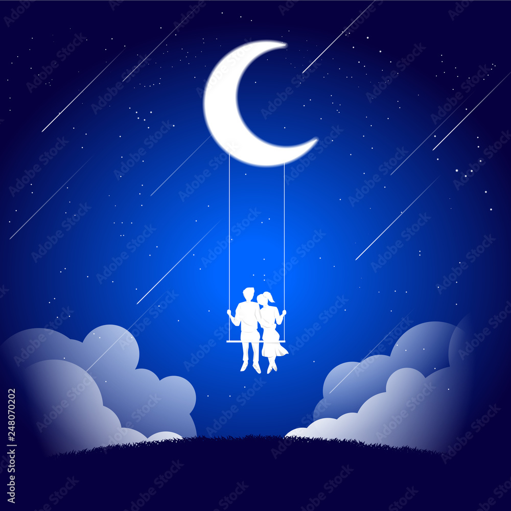 Lover couple sitting together on swing in romantic scene under the moon. valentine's day and love and anniversary theme.
